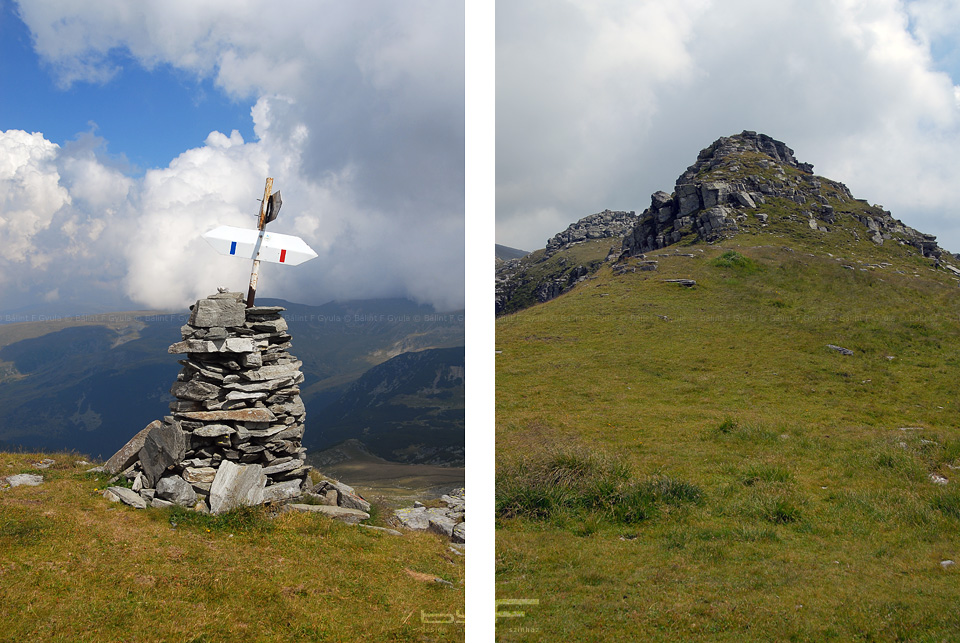 Balra a Piatra Tãiatã nyeregben lévő jelzés, jobbra a Piatra Tãiatã csúcs