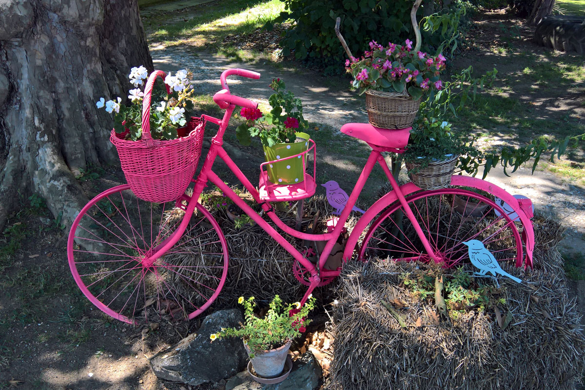 Bicikliből kialakított virágtartó Szelestén.